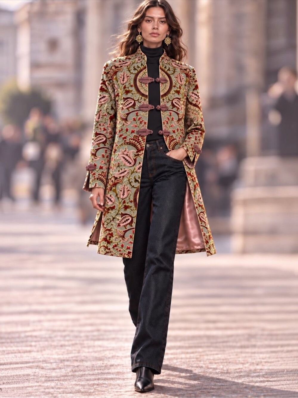Soft Surroundings Velvet Burnout Long Jacket L Chinoiserie Frog Closure Boho Lux